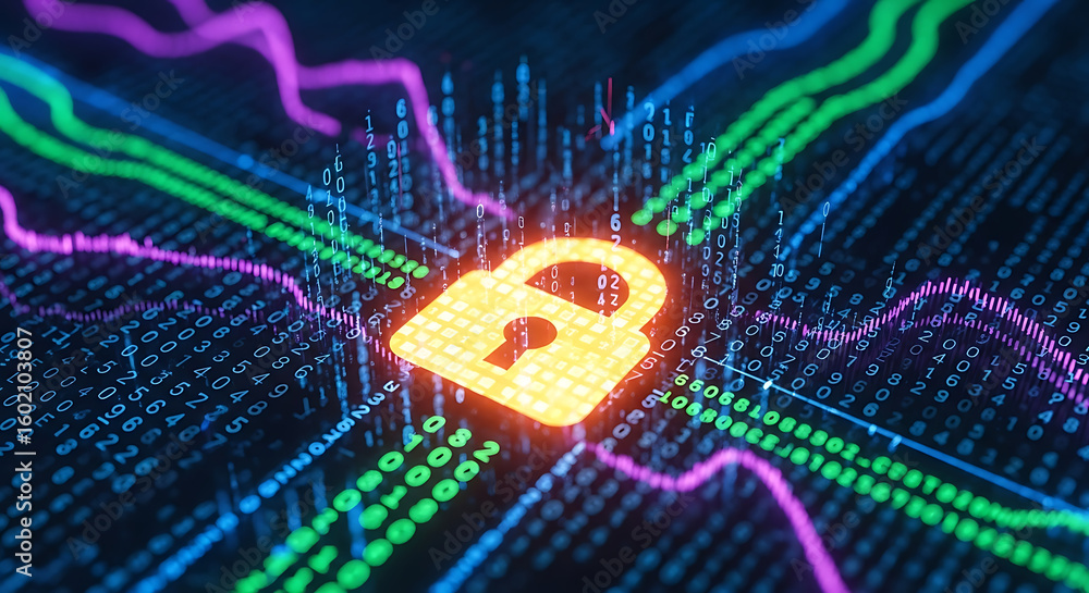 Poster glowing padlock over digital data stream with green and purple lines crossing the screen view ai gen