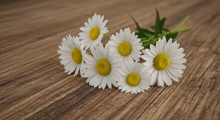 Obraz premium White Daisy Flowers with Yellow Centers on Rustic Wooden Surface