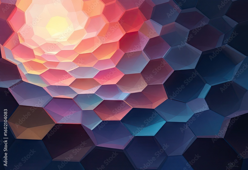 Poster abstract swirling pattern of multifaceted hexagons transitioning from warm, bright oranges and yello