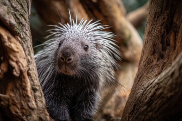 Fototapeta premium Zoo display of an American porcupine perched on a tree