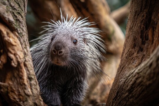 Zoo display of an American porcupine perched on a tree