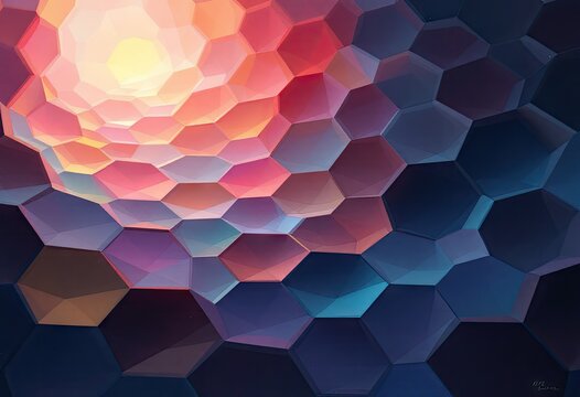 Abstract swirling pattern of multifaceted hexagons transitioning from warm, bright oranges and yellows at the center to cool, dark blues and purples at the edges, creating a sunset-like effect - Powered by Adobe