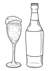 Bottle and glass of beer with foam - black and white vector illustration for bar menu and design