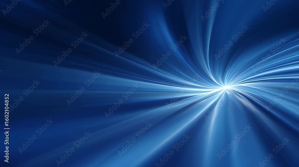 Poster abstract blue background with beams of light creating a sense of speed and motion from a central poi