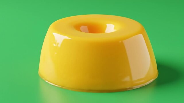 Yellow puddinglike dessert with a hole on a green background