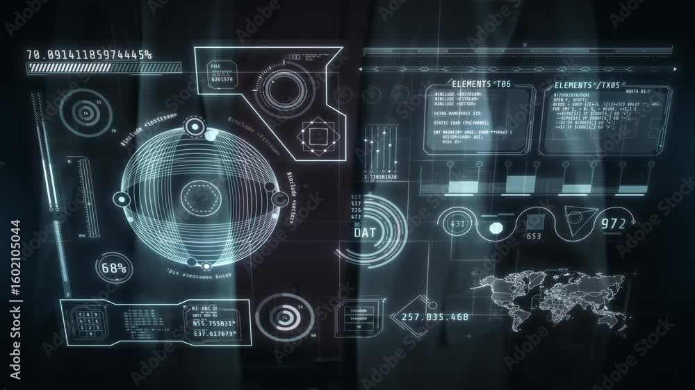 Poster businessman working with futuristic digital display touchscreen interface
