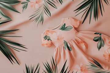 Peach-colored, floral baby dress, surrounded by palm leaves and soft fabric