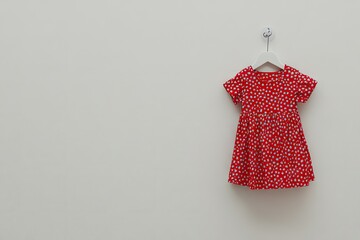 Red floral dress for a child, hanging on a white wall