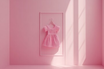 Pink dress hanging on a wall. Sunlight streams in