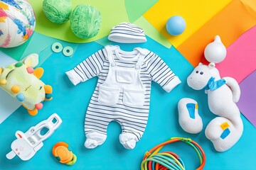 Baby clothes and toys spread on colorful paper