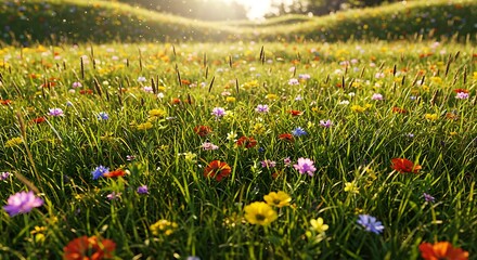 Fototapeta premium Colorful Wildflower Meadow with Green Grass in Sunny Summer Field