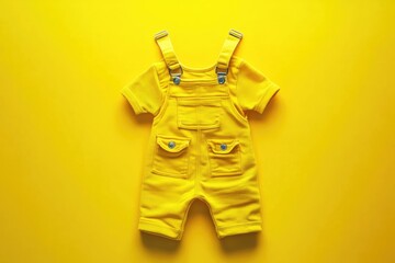 Bright yellow baby overalls on a yellow background
