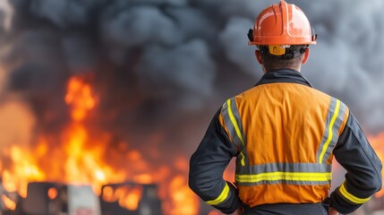 Firefighter Assessing Dangerous Situation with Flames and Smoke in Background