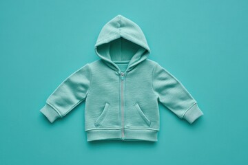Mint-green hooded zipper jacket, child's size, laid flat on teal background