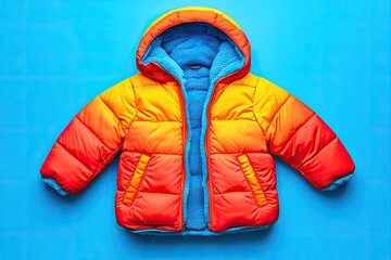 Child's colorful, puffy winter jacket, laid flat on blue background