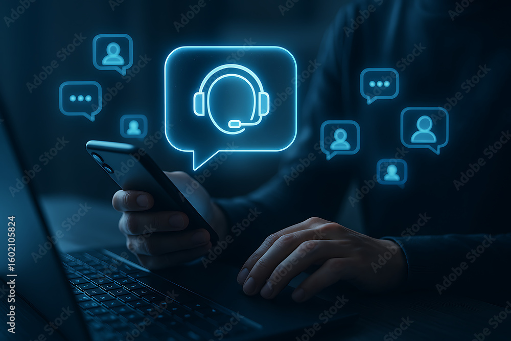 Poster smartphone and laptop showing digital customer support communication with virtual assistant icons in