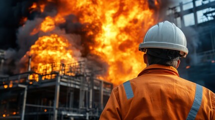 Worker Observing Intense Fire at Industrial Facility, Safety Gear Visible