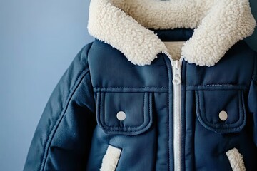 Close-up of a navy blue children's jacket with a cream-colored sherpa collar