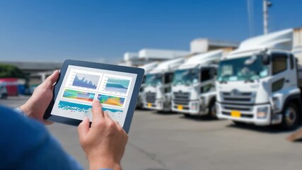 Data Analysis in Logistics: A logistical analyst meticulously monitors real-time data on a tablet, set against a fleet of transport trucks in a warehouse setting. - Powered by Adobe