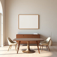 blank canvas mockup in a dining room modern wall art display elegant frame design above a buffet stylish interior with textured plaster wall in soft pastel colors mid-century modern aesthetic 3d rende