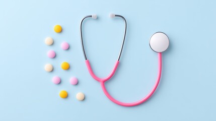 Health tools are arranged on a blue backdrop with a stethoscope and colorful candy-like tablets.