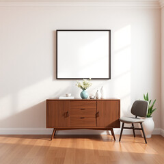 frame mockup for wall art in dining room modern interior design empty canvas display above buffet stylish textured plaster wall in pastel tones mid-century modern aesthetic minimalistic 3d rendering