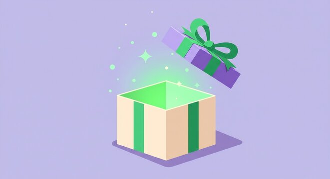 Opening Gift Box with Green Ribbon and Floating Light Particles