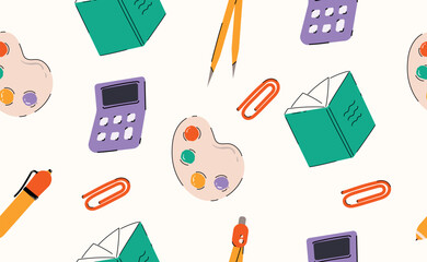 Hand drawn school stationery seamless pattern. Colorful children supplies, geometric elements, book, calculator, pen for education, study, sticker, banner. Back to school background. Flat vector illus