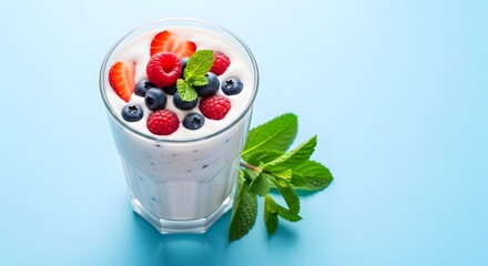 Fresh Yogurt Smoothie with Berries and Mint Flat Lay