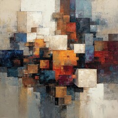 Abstract Cubist painting with layered, colorful, geometric shapes