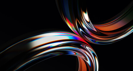 Fototapeta na wymiar 3d iridescent liquid glass ribbon wave line with neon rainbow light texture on abstract black background. Holographic gradient water flow with speed motion effect. Digital tech banner. 3D illustration
