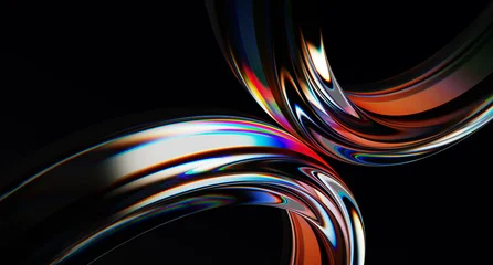 Fotobehang Abstracte Golf 3d iridescent liquid glass ribbon wave line with neon rainbow light texture on abstract black background. Holographic gradient water flow with speed motion effect. Digital tech banner. 3D illustration  © marozhkastudio