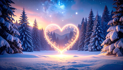 Sparkling Heart in Winter Forest.