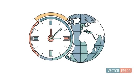 A Modern Line Art Clock and Earth Globe Illustrating Global Time