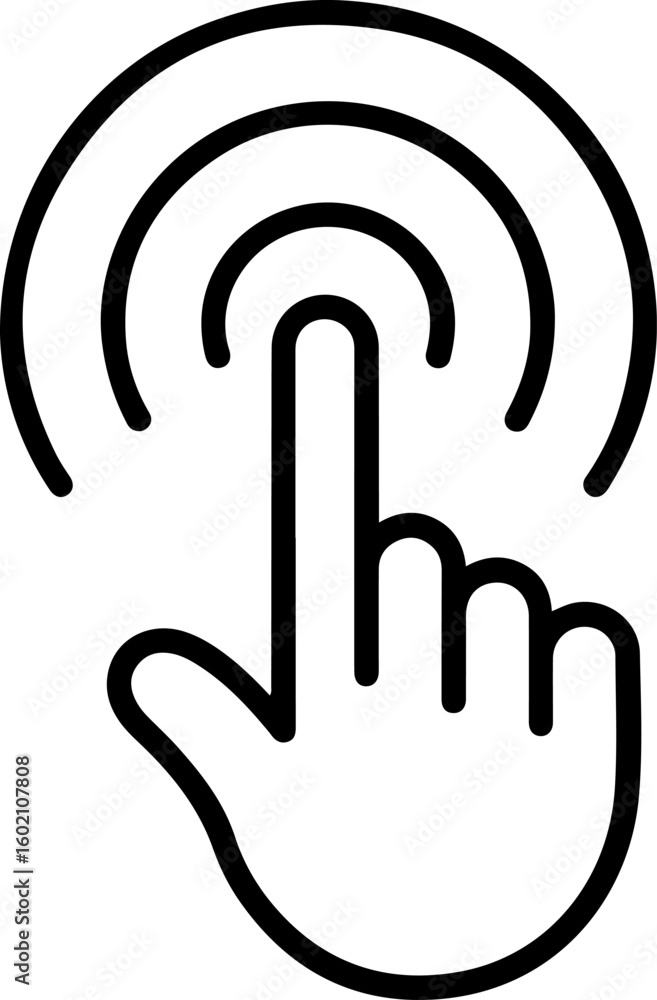 Poster simple outline icon of a finger clicking a button with concentric circles indicating action