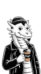 Hipster Dragon Character Holding Coffee Cup – Vector Illustration