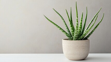 Beautiful Aloe Vera Plant in Minimalist Pot on Neutral Background