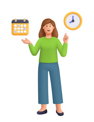 Young smiling woman Kate pointing to calendar and clock. Time management, productivity, self organization, business planning concept. 3d vector people character. Cartoon minimal style.