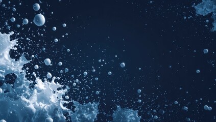 Fluid, light-blue splashes and bubbles against dark background