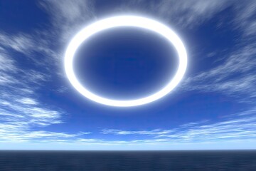 Bright white circle ring in a vibrant blue sky above a calm sea