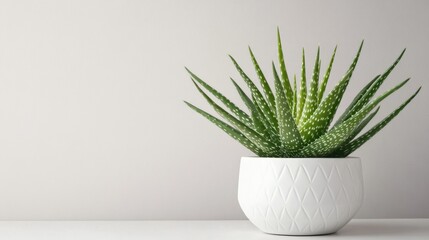Fresh Green Aloe Vera Plant in Modern White Pot on Neutral Background