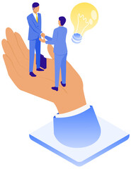 信頼のプラットフォーム｜ビジネスマンの握手を支える巨大な手のアイソメイラスト