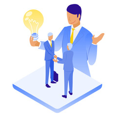 信頼と後押し｜握手するビジネスマンとアイデアを支える人物のアイソメイラスト