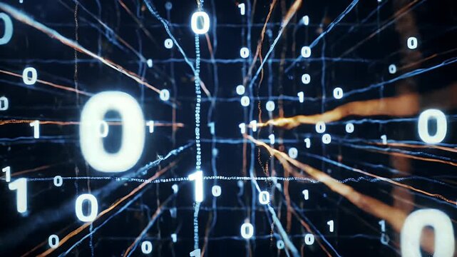 Abstract Digital Background with Binary Code Flowing Through Network Connections in a Futuristic Matrix with Data Streams and Artificial Intelligence