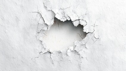 Cracked white wall with a hole