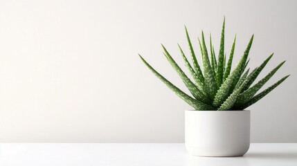 Green Aloe Vera Plant in Modern White Pot on Minimalist Surface