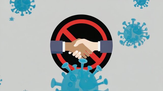 No Handshake Icon with Virus Particles: Pandemic Safety Advisory Illustration