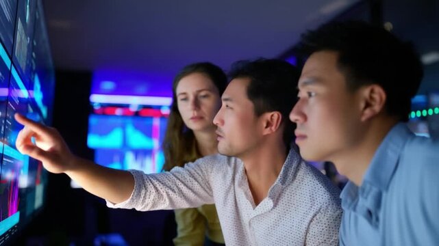 Team in Data Analysis: Three individuals collaboratively analyzing data, pointing at the screen, highlighting the essence of teamwork and deep analysis