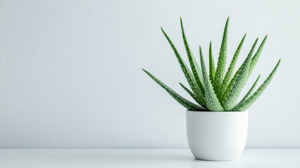 Fresh Aloe Vera Plant in White Pot Against Minimalist Background