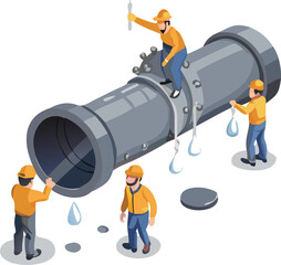 Isometric illustration of plumbers repairing a large gray pipe with water leaks and a wrench tool